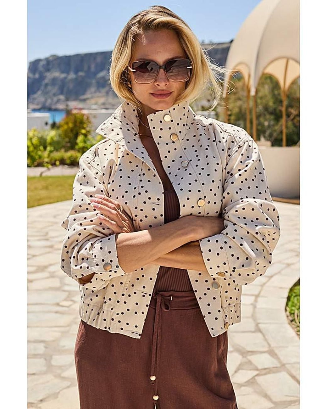 Sosandar Natural Funnel Neck Polka Dot Denim