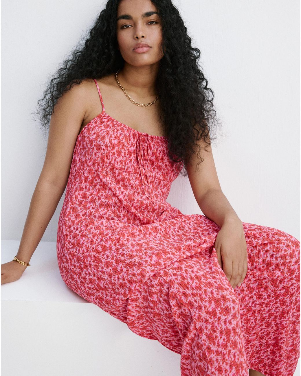 Mango Red Floral-Print Pleated Dress