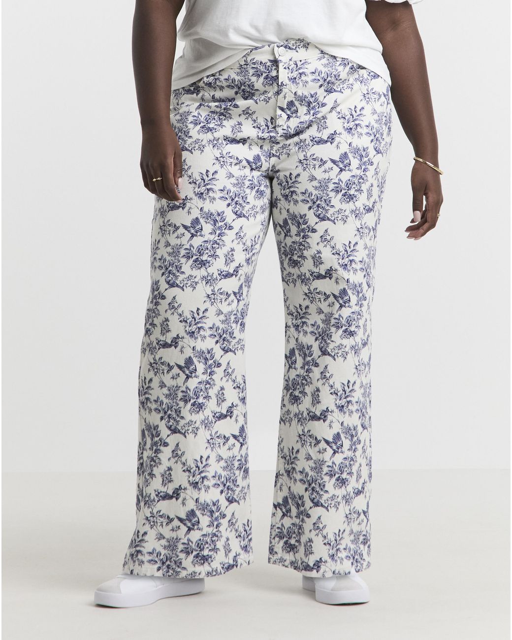 Simply Be White Floral Denim Wide Leg Jeans