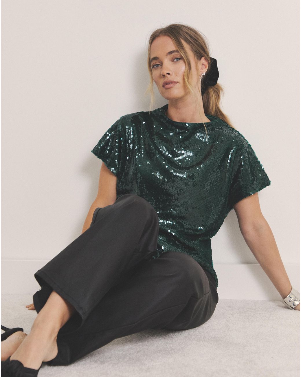 Simply Be Green Glossy Sequin Cap Sleeve Top
