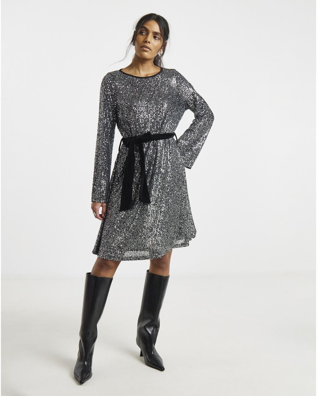 Simply Be Gray Sequin Skater Dress With Belt