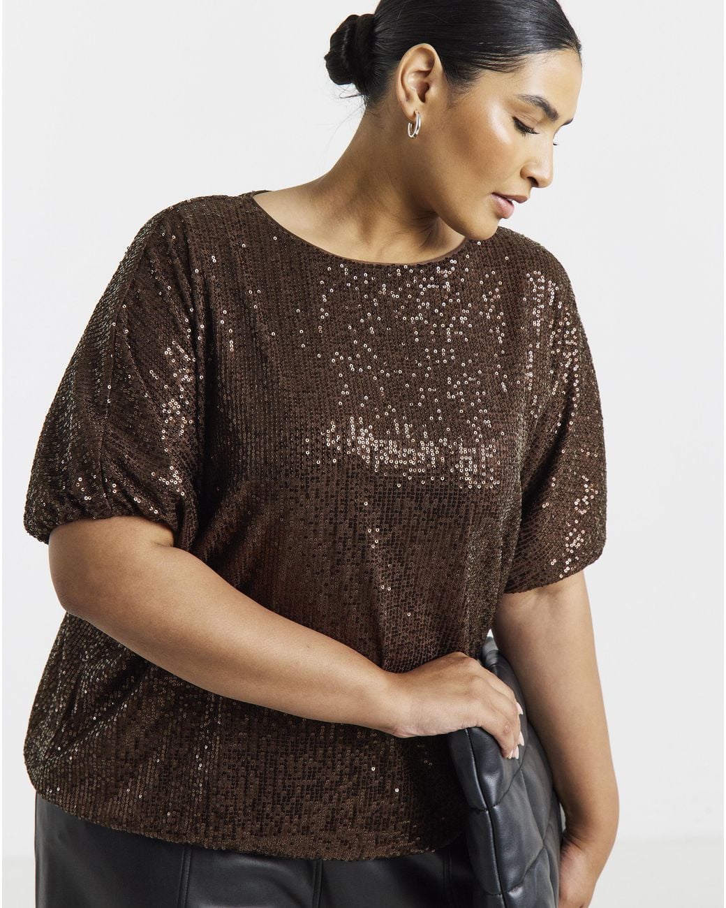 Simply Be Brown Sequin Bubble Hem Top