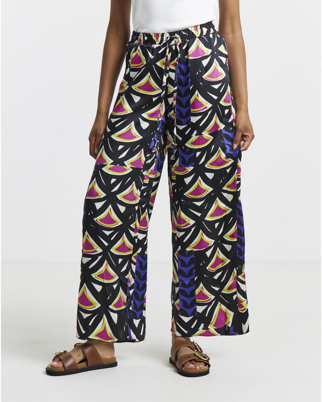 Simply Be Black Geo Print Satin Wide Leg Trousers