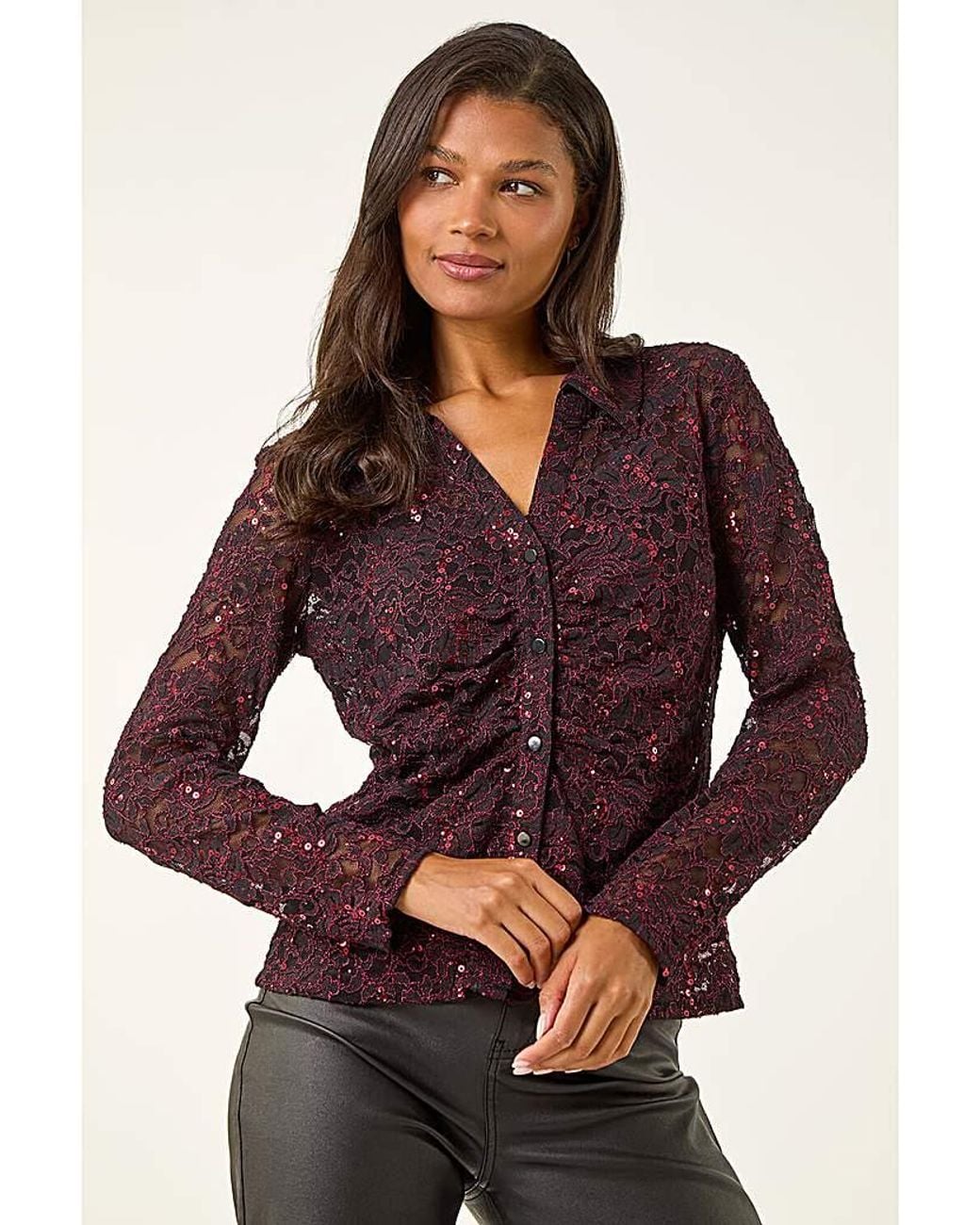 Roman Purple Roman Sequin Lace Collared Blouse