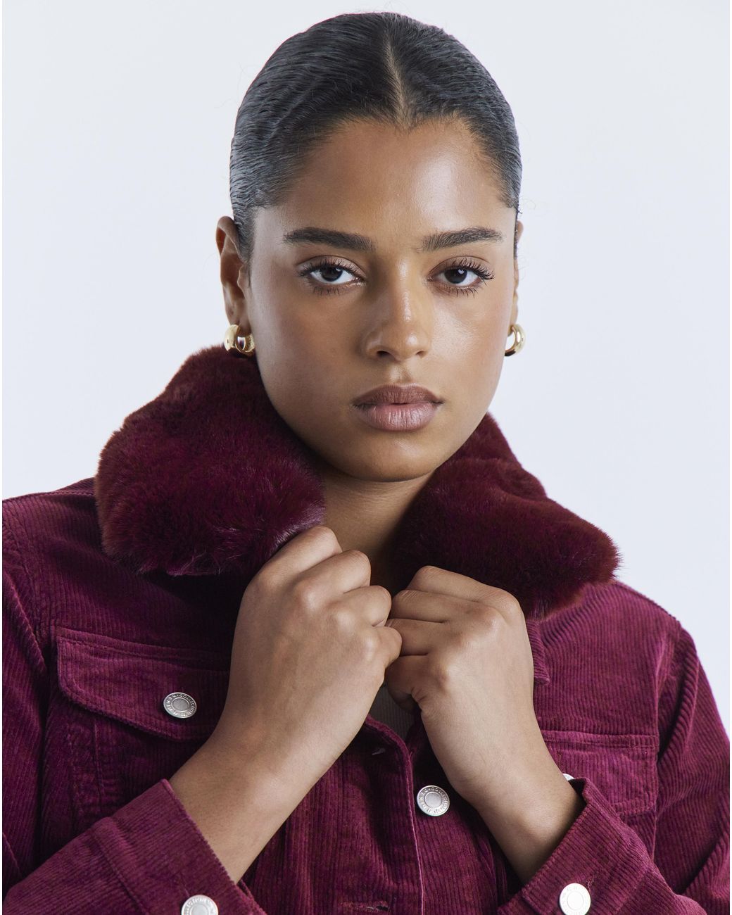 Simply Be Purple Faux Fur Collar Cord Jacket