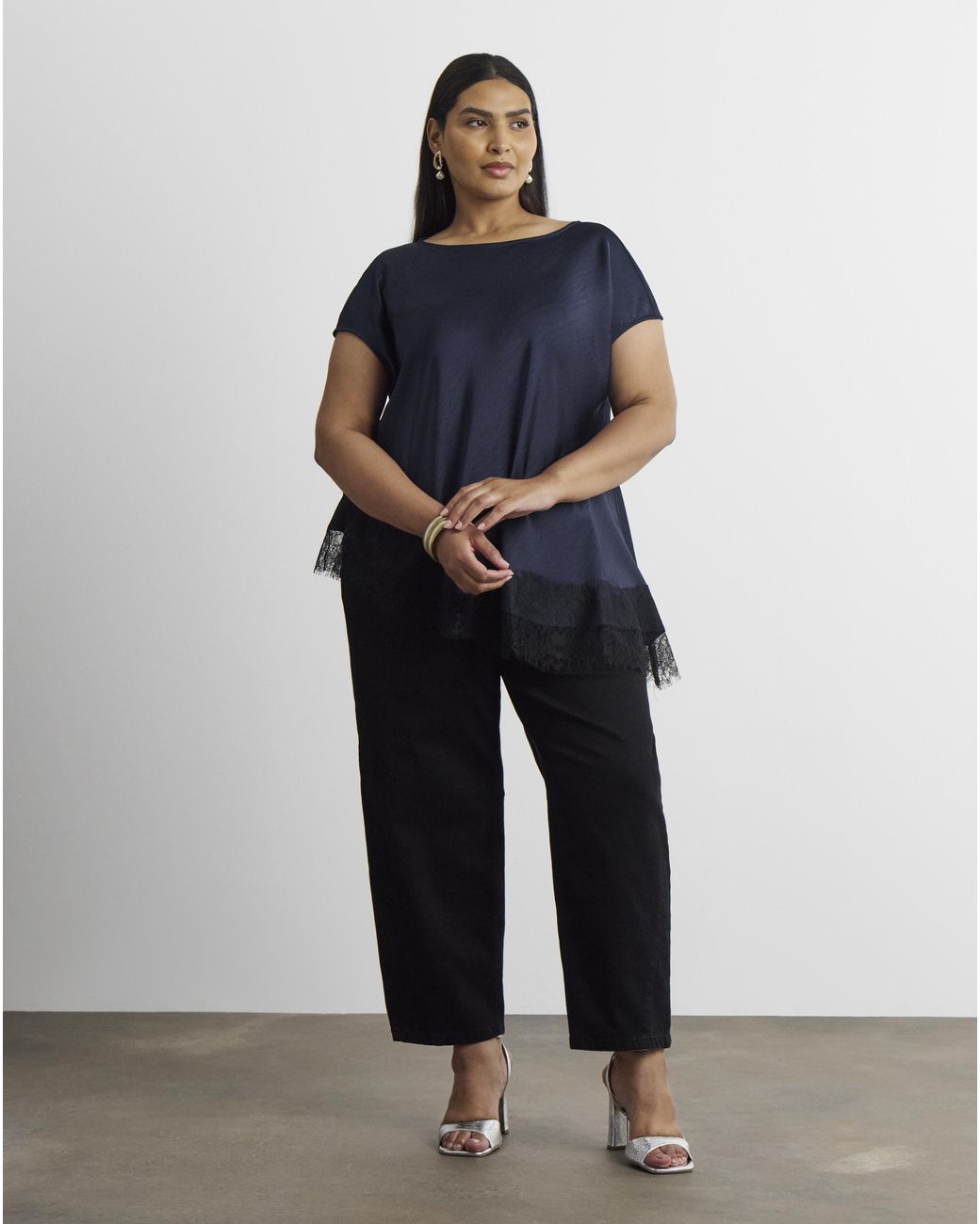 Joanna Hope Blue Lace Trim Satin Top