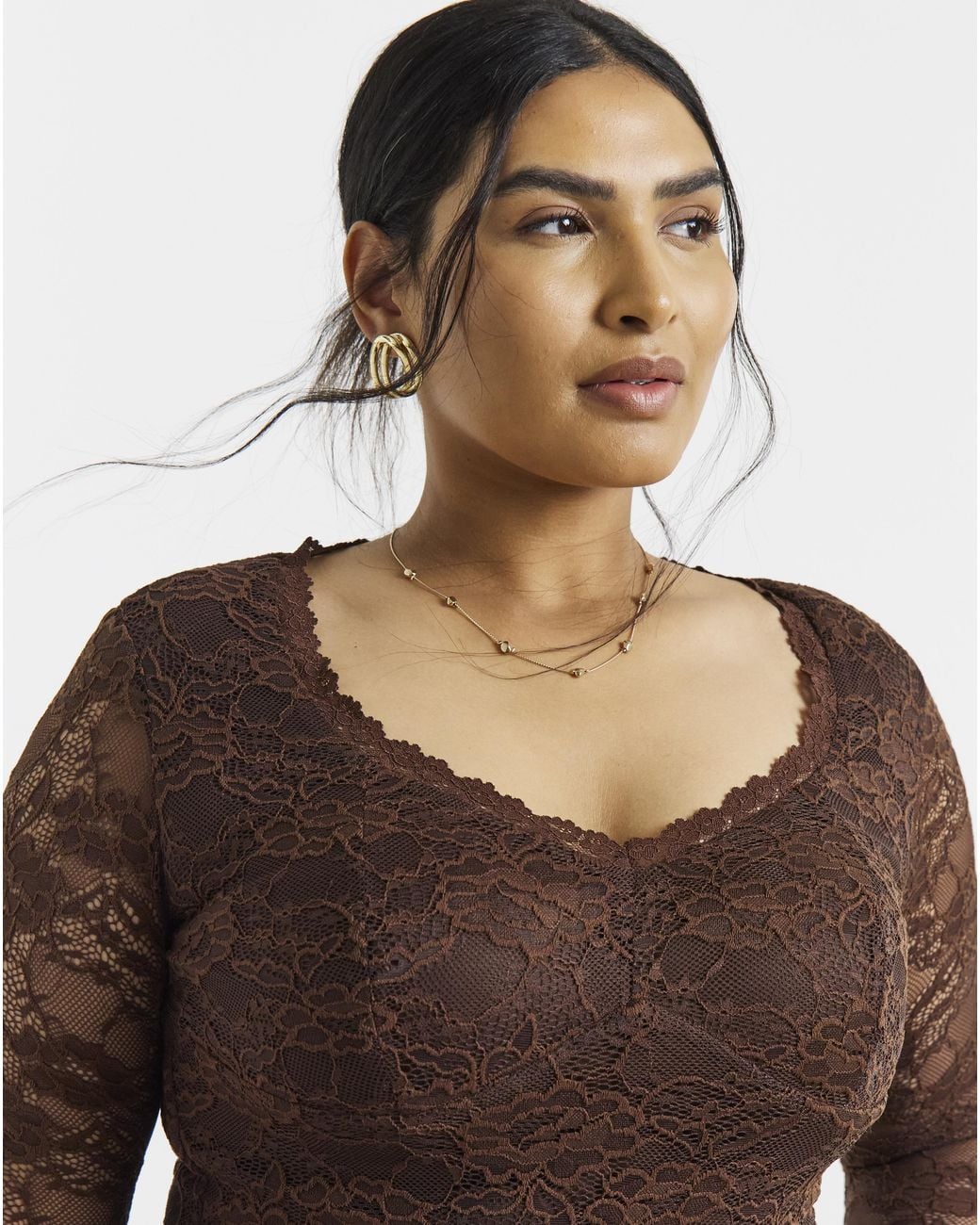 Simply Be Brown Lace Sweetheart Neckline Ls Top