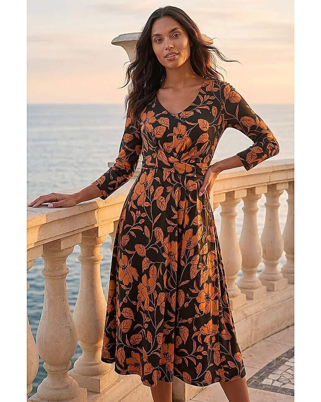Roman Brown Roman Leaf Print Wrap Midi Dress