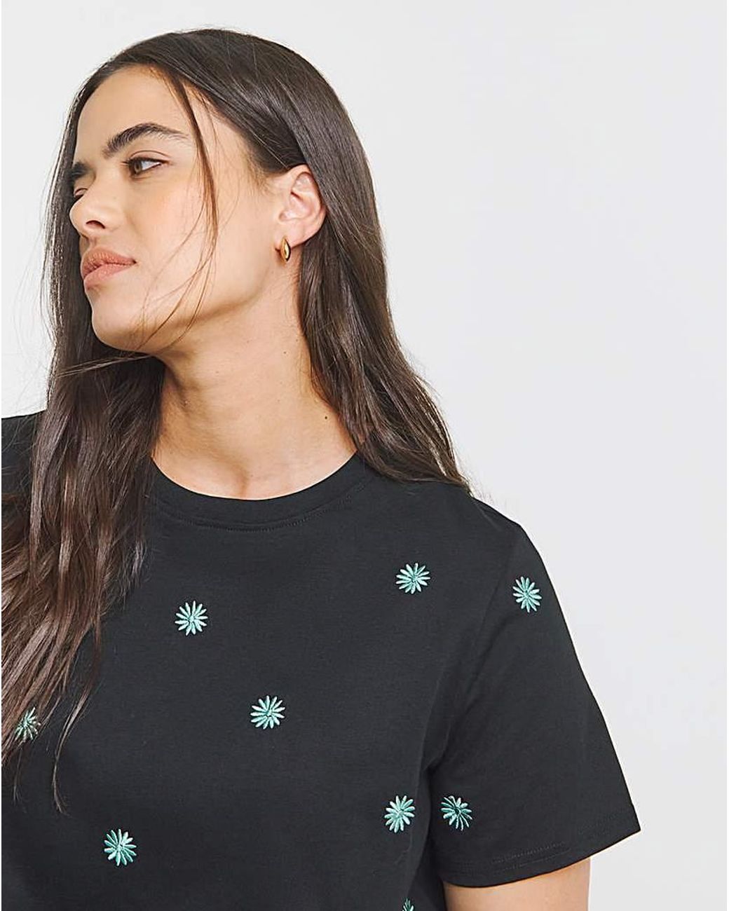 Simply Be Black Flower Embroidered T-Shirt