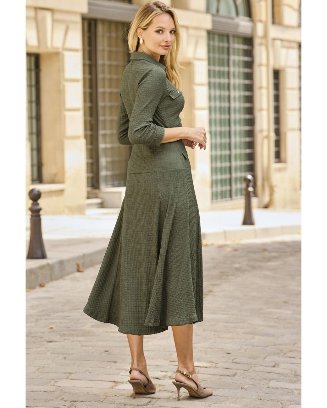 Sosandar Green Petite Textured Front Dress