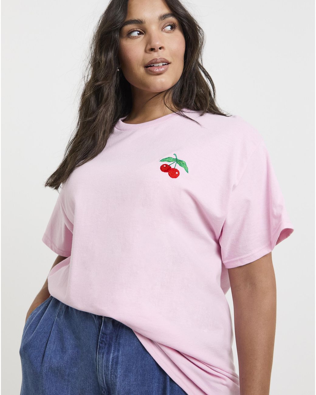 Simply Be Pink Cherry Embroidered T-Shirt