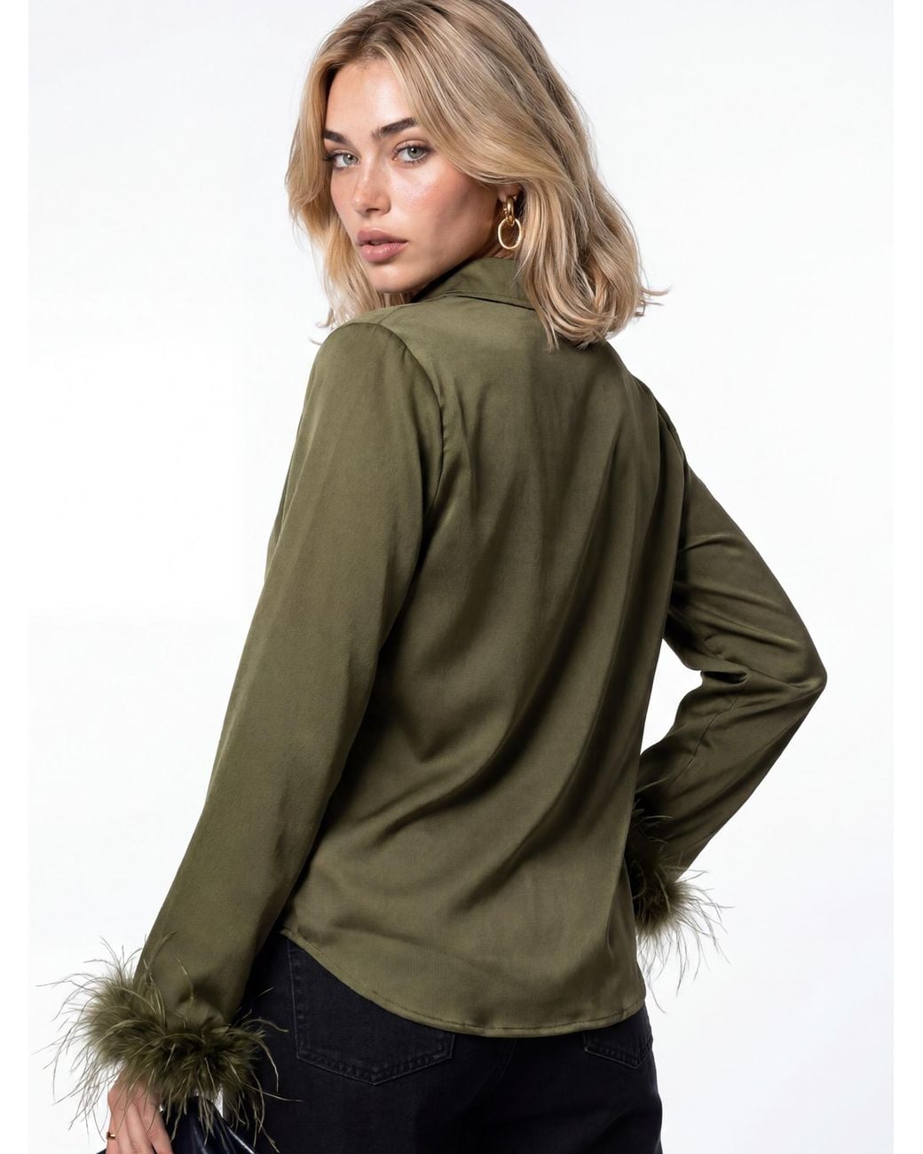 Lovedrobe Green Feather Cuff Satin Shirt