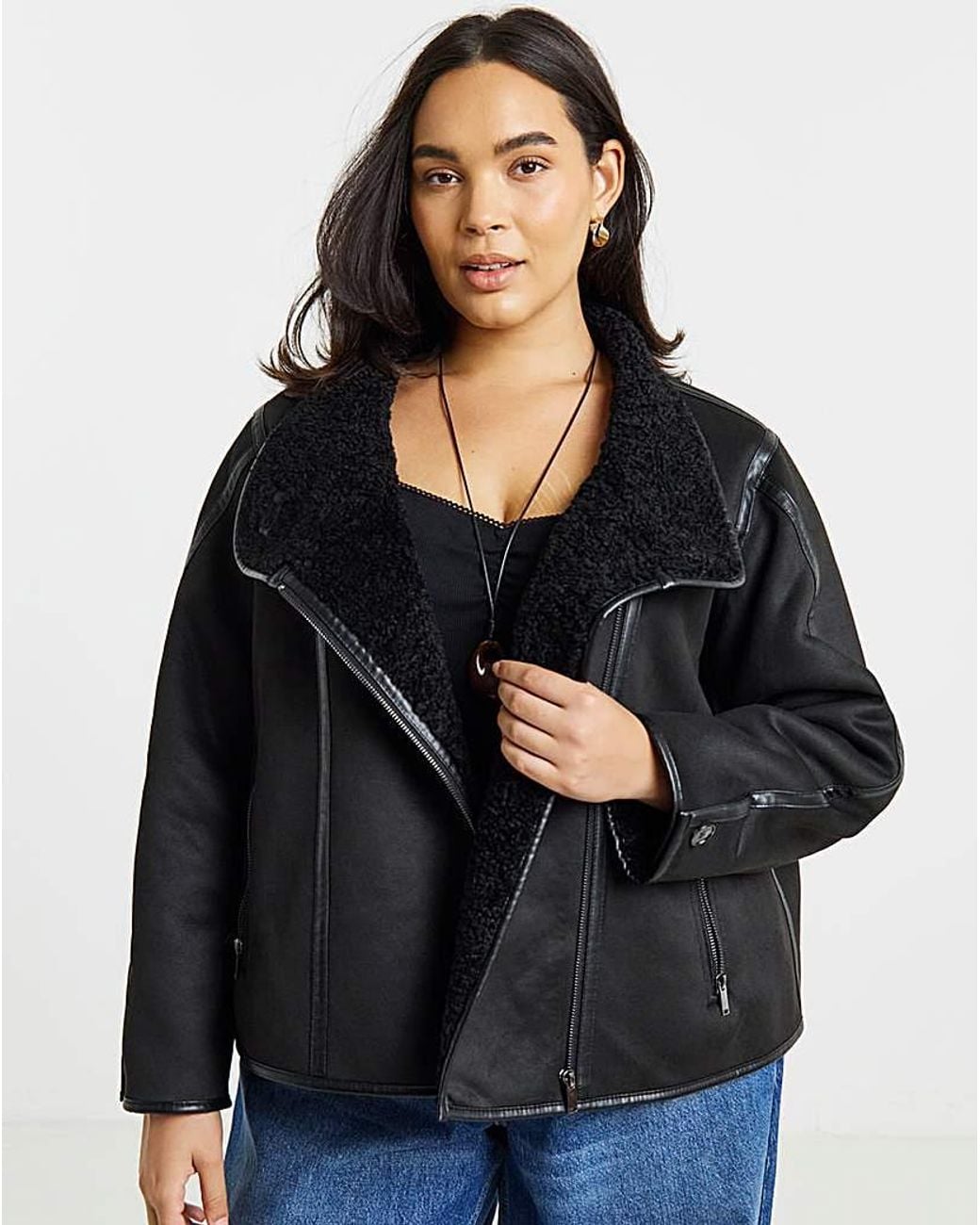 Simply Be Black Zip Front Aviator Jacket