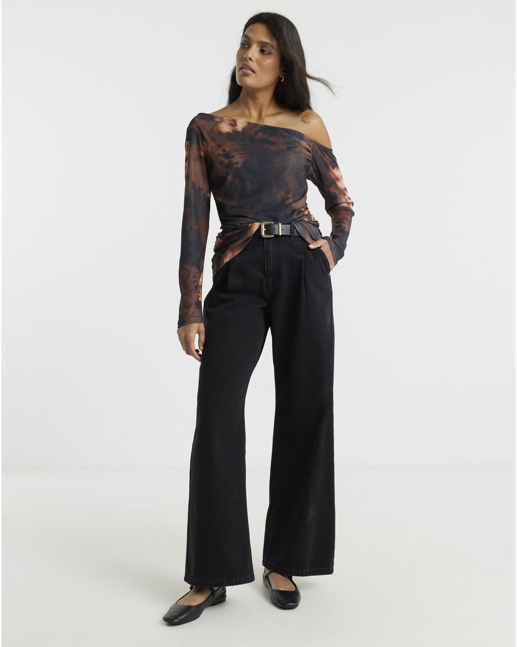 Simply Be Black Asymmetric Shoulder Mesh Top