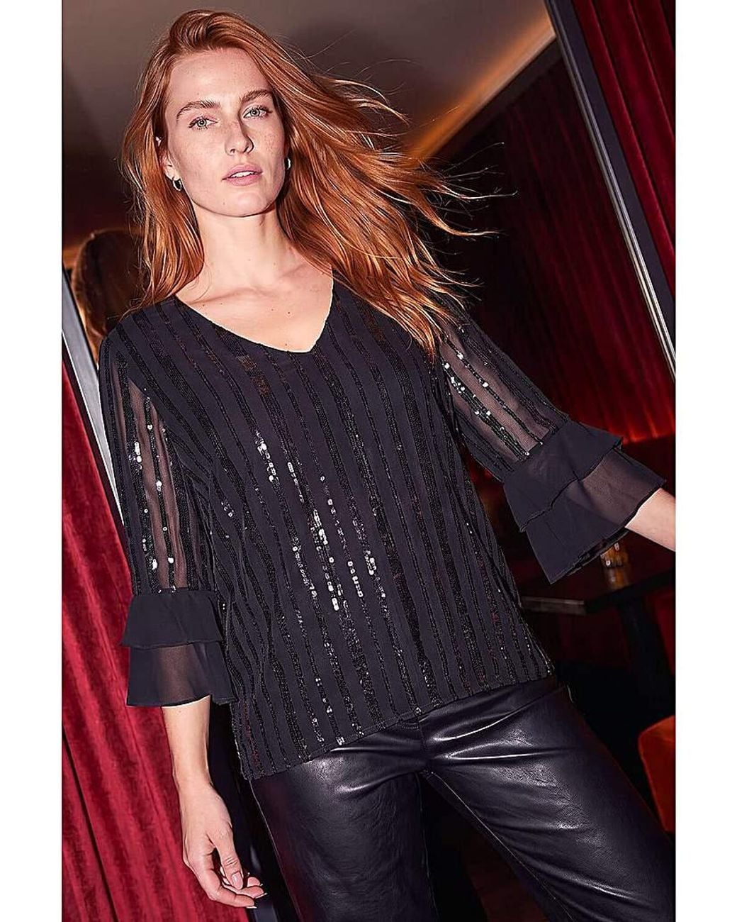 Roman Black Roman Sequin Stripe Flare Sleeve Top