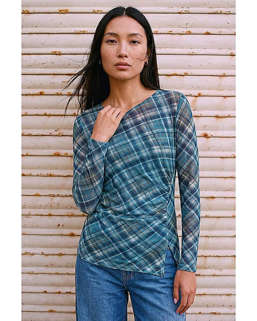 Roman Blue Roman Check Mesh Print Gathered Top