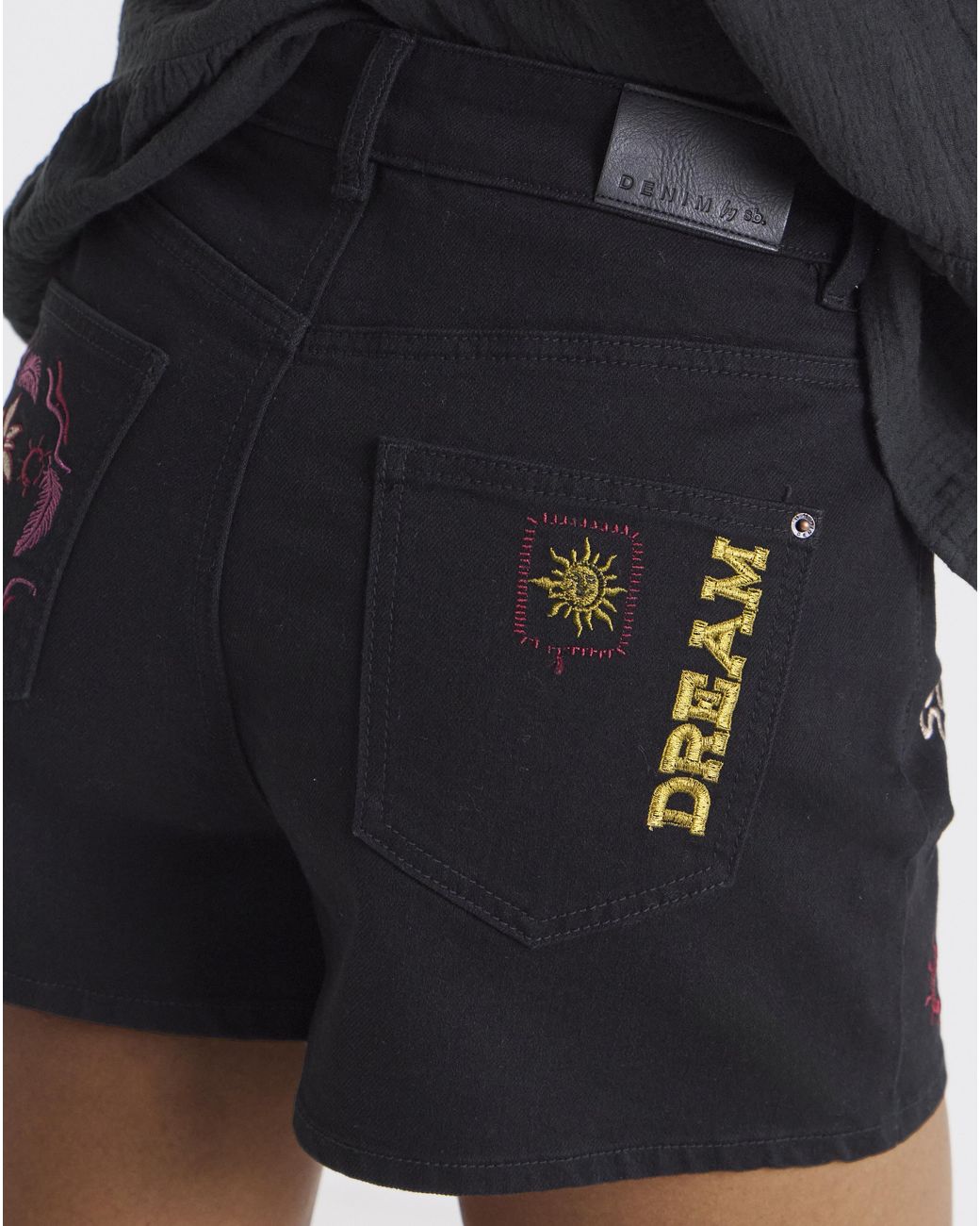 Simply Be Black Sol Embroidered Denim Shorts
