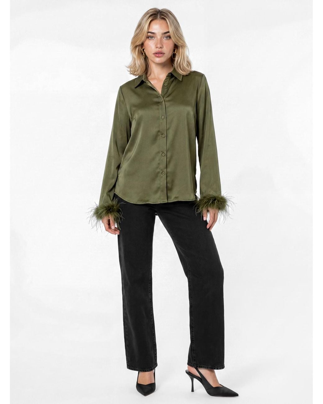 Lovedrobe Green Feather Cuff Satin Shirt
