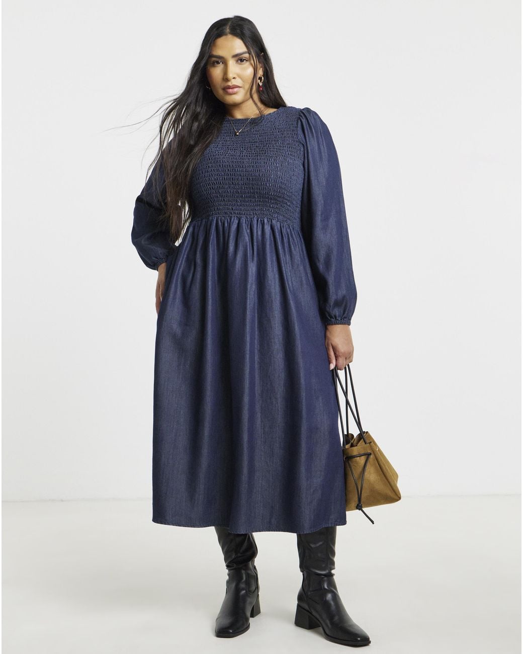 Simply Be Blue Long Sleeve Denim Shirred Midaxi Dress