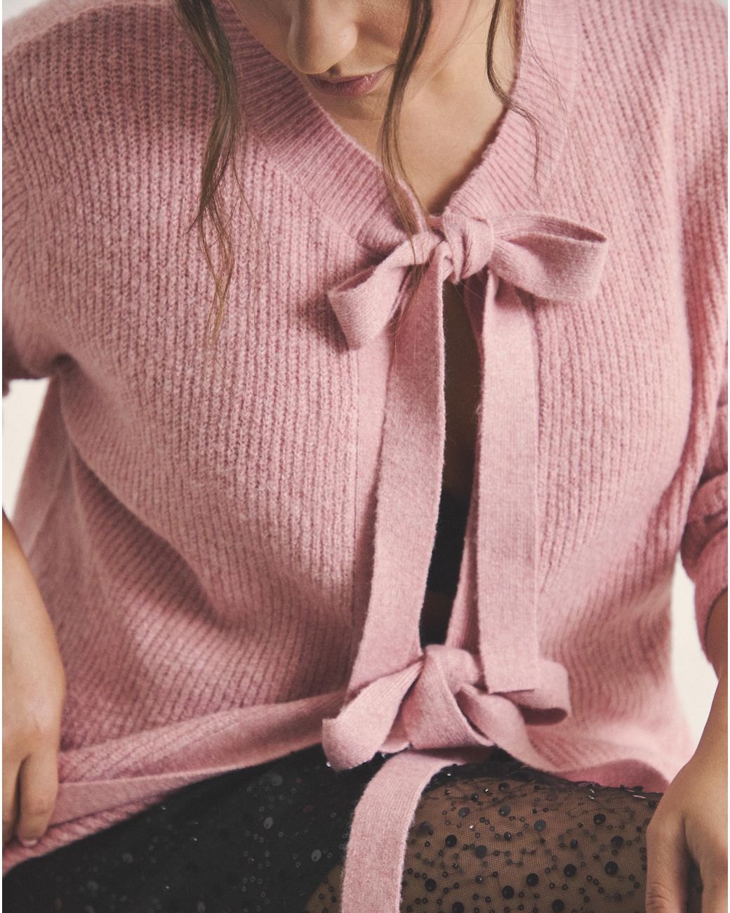 Simply Be Pink Tie Front Crew Neck Cardigan