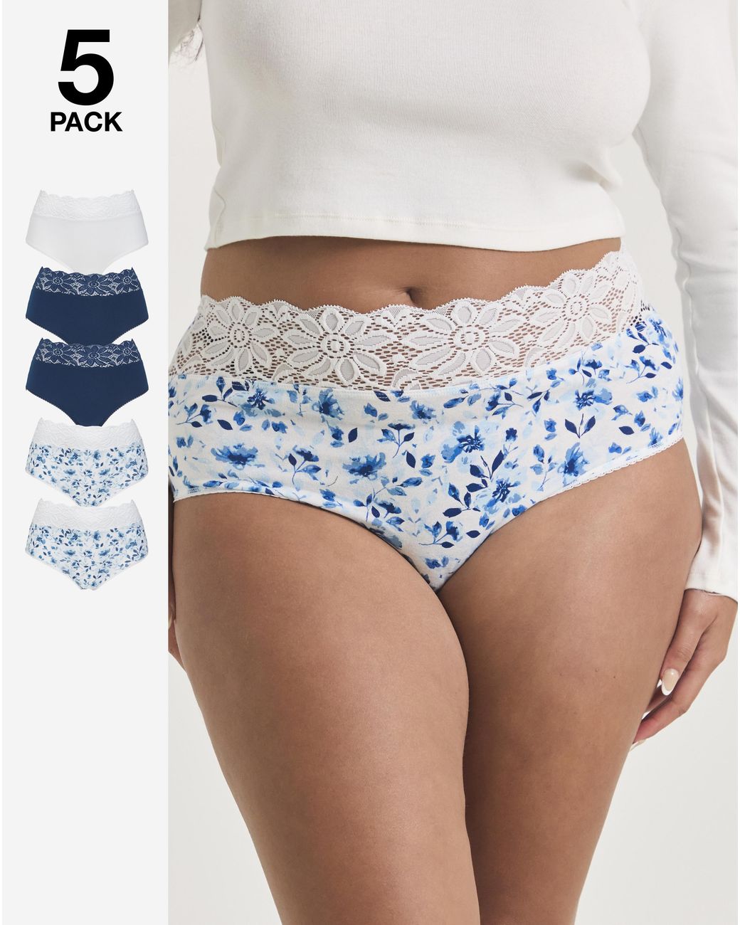 Pretty Secrets Blue 5 Pack Lace Top Full Fit Knickers