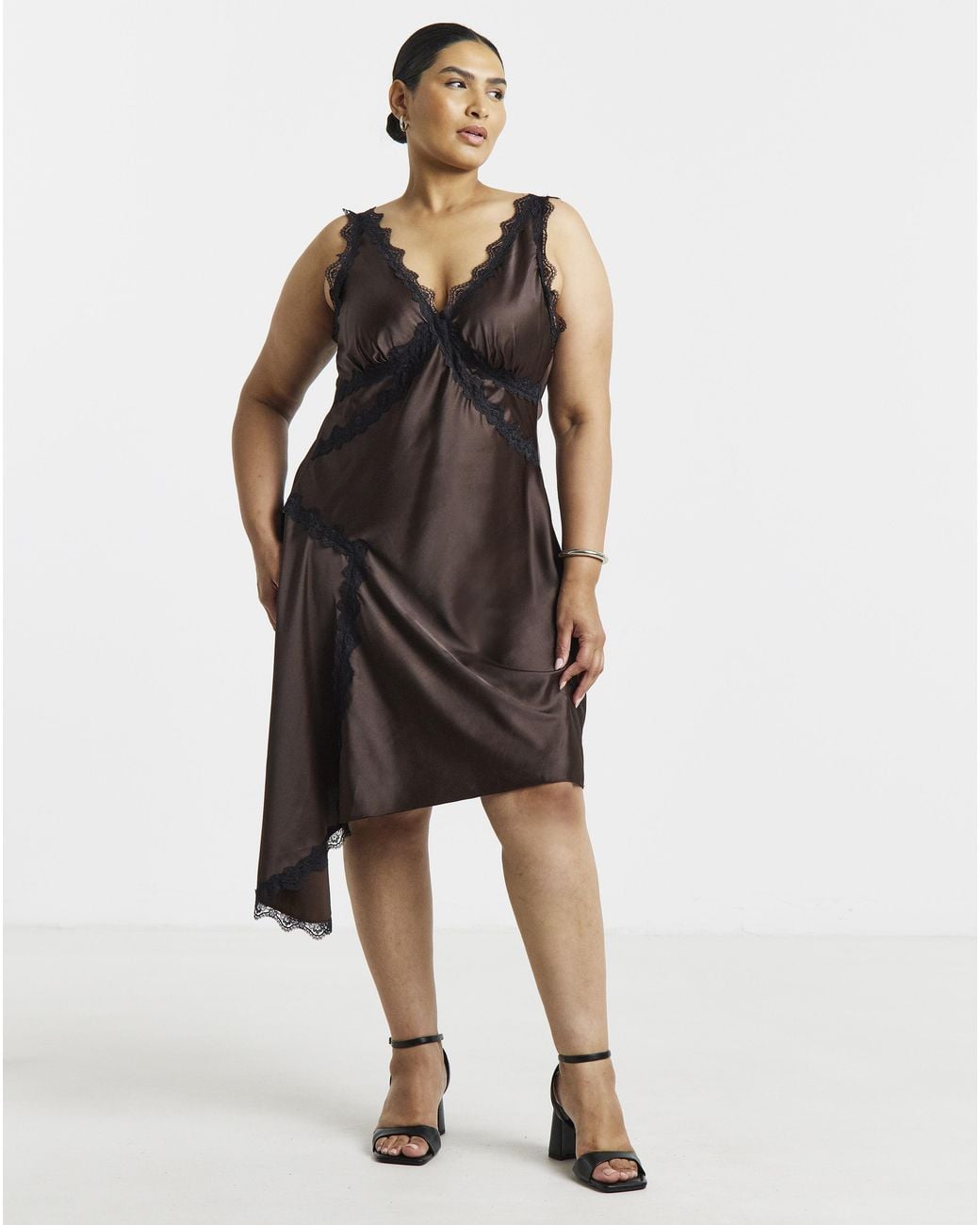 Simply Be Brown Satin Asym Dress