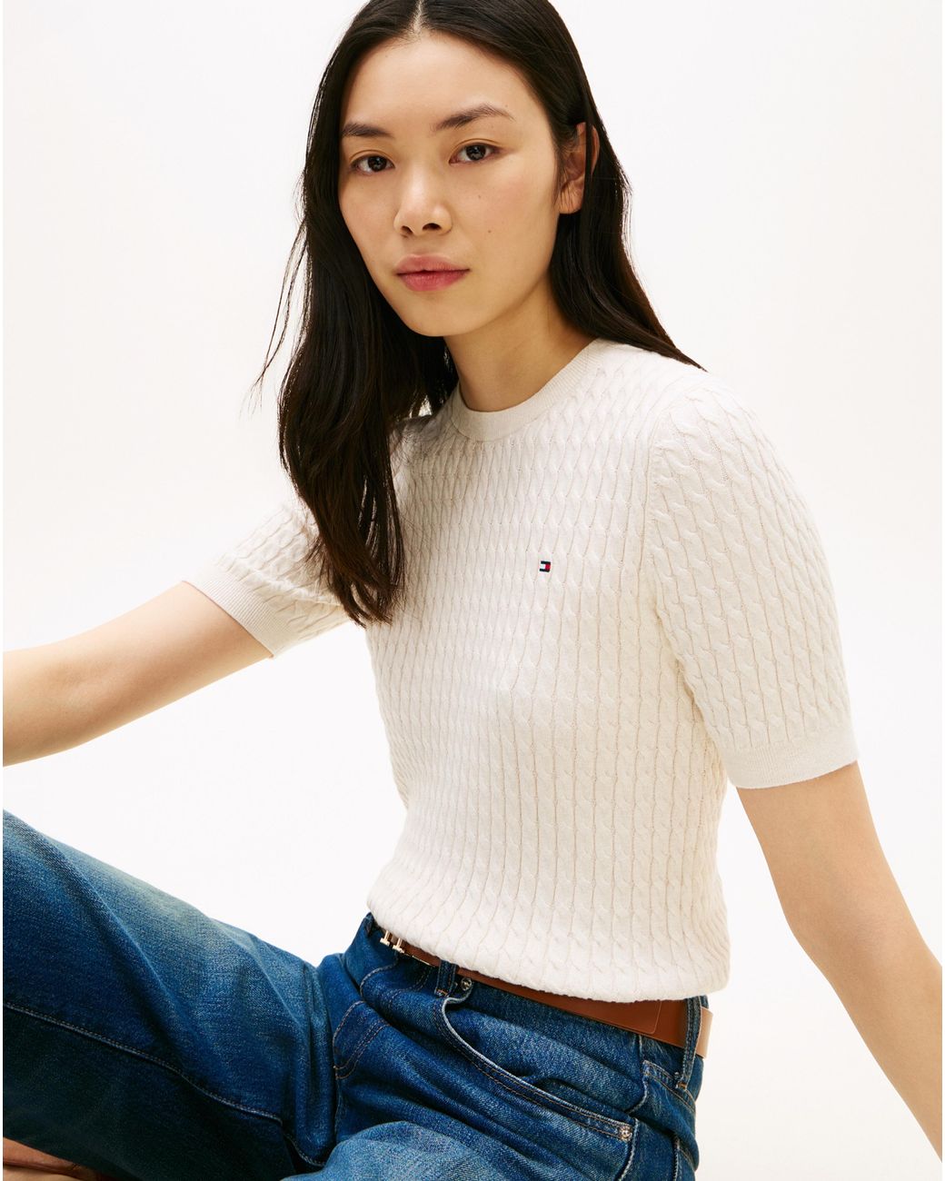 Tommy Hilfiger White Cable Knit Ss Sweat