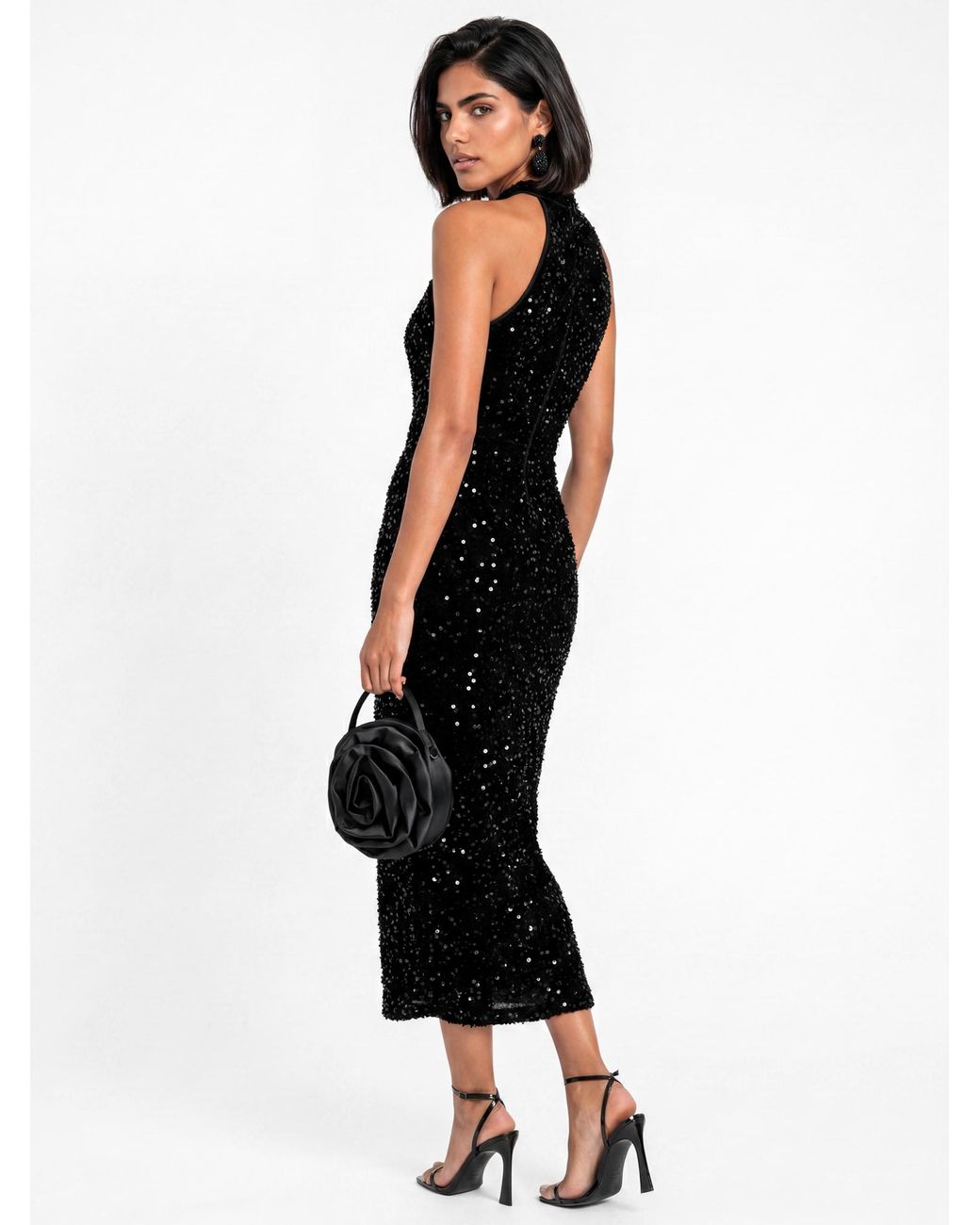Maya Deluxe Black Sequin Velvet Midi Dress