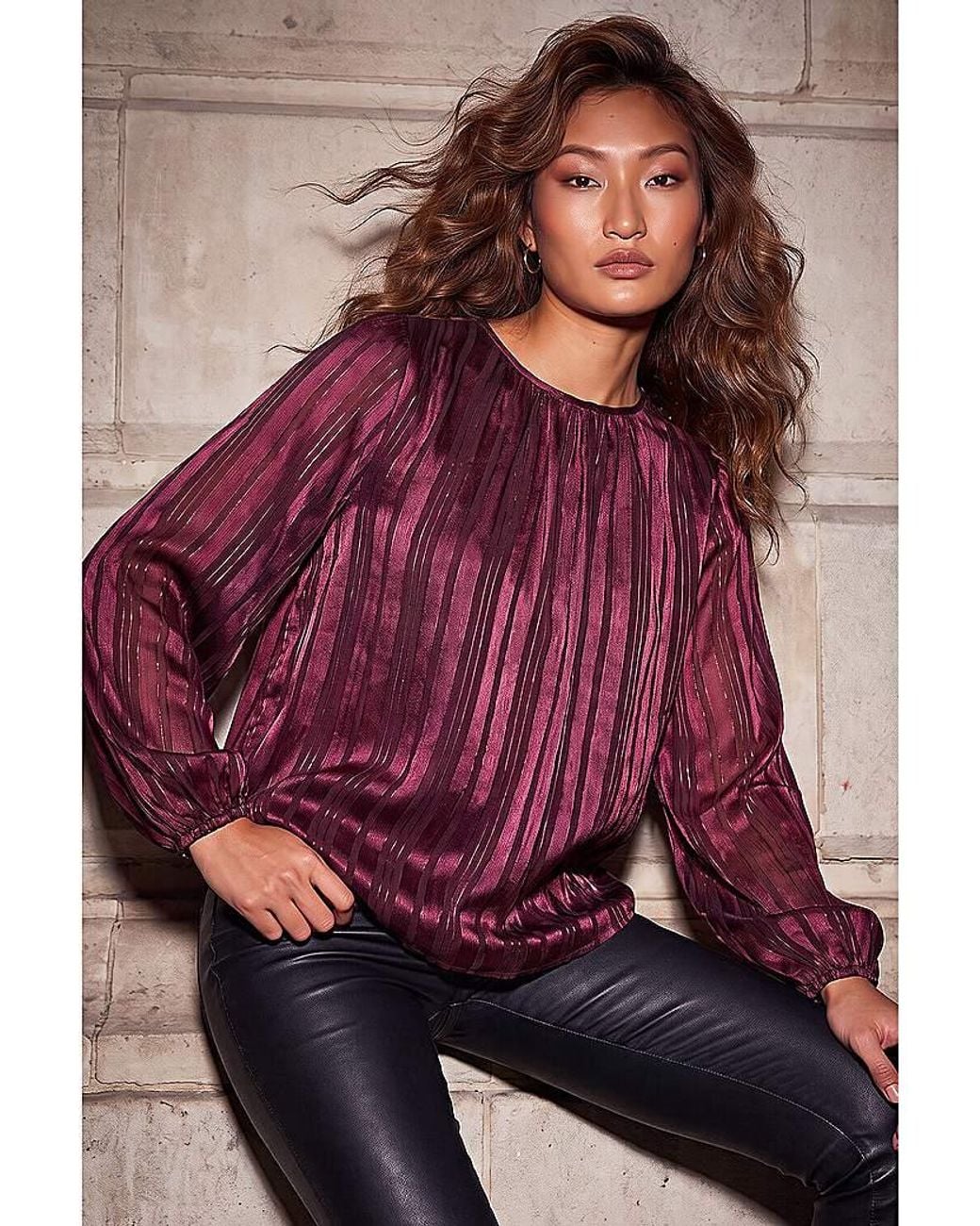 Roman Red Roman Satin Stripe Pleated Top
