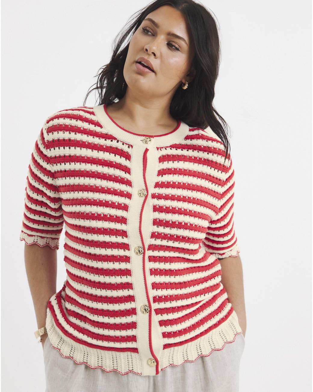 Simply Be Red Stripe Short Sleeve Frill Cardigan