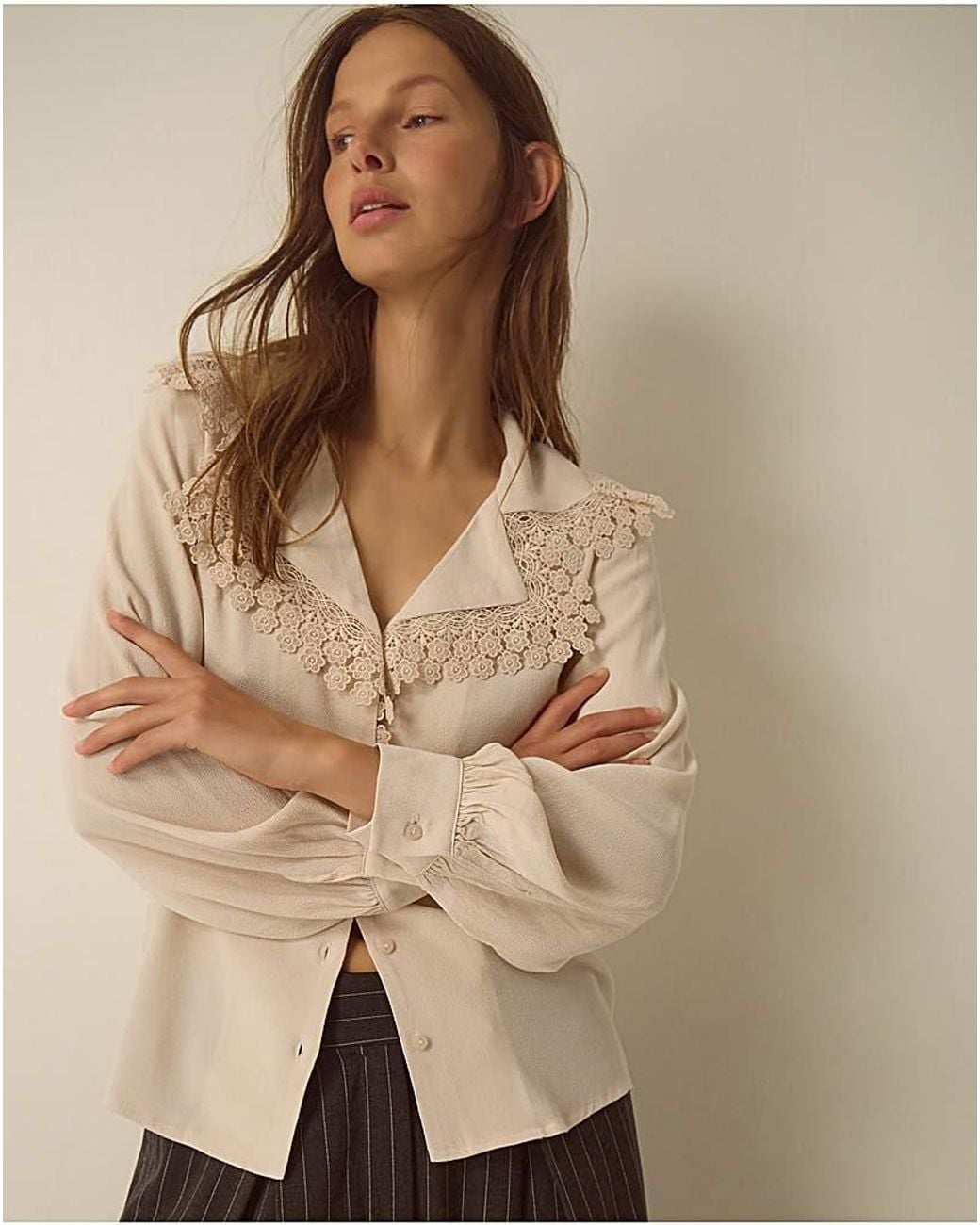 Monsoon Natural Ava V-Neck Lace Collar Blouse