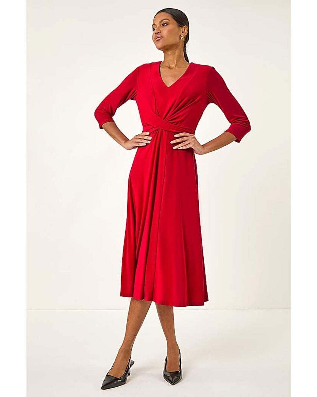 Roman Red Roman Stretch Crossover Midi Dress