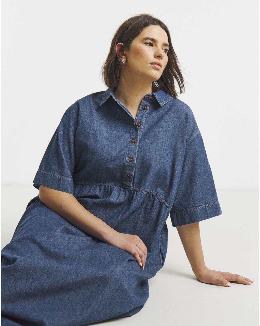 Simply Be Blue Short Sleeve Collared Denim Midaxi Dress