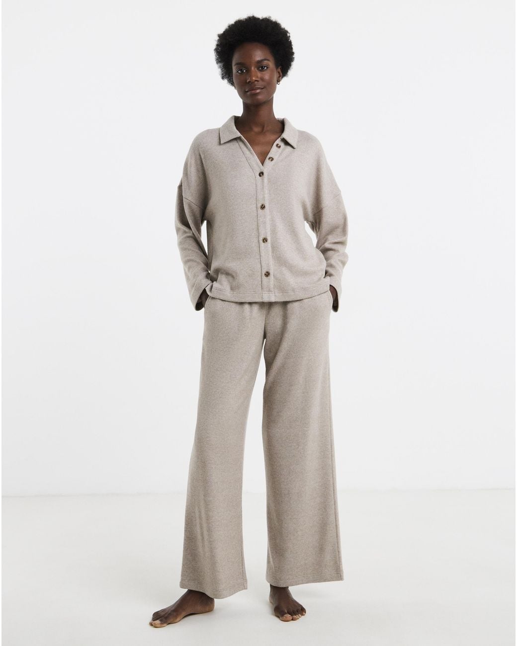 Figleaves Gray Brushed Rib Button Lounge Set