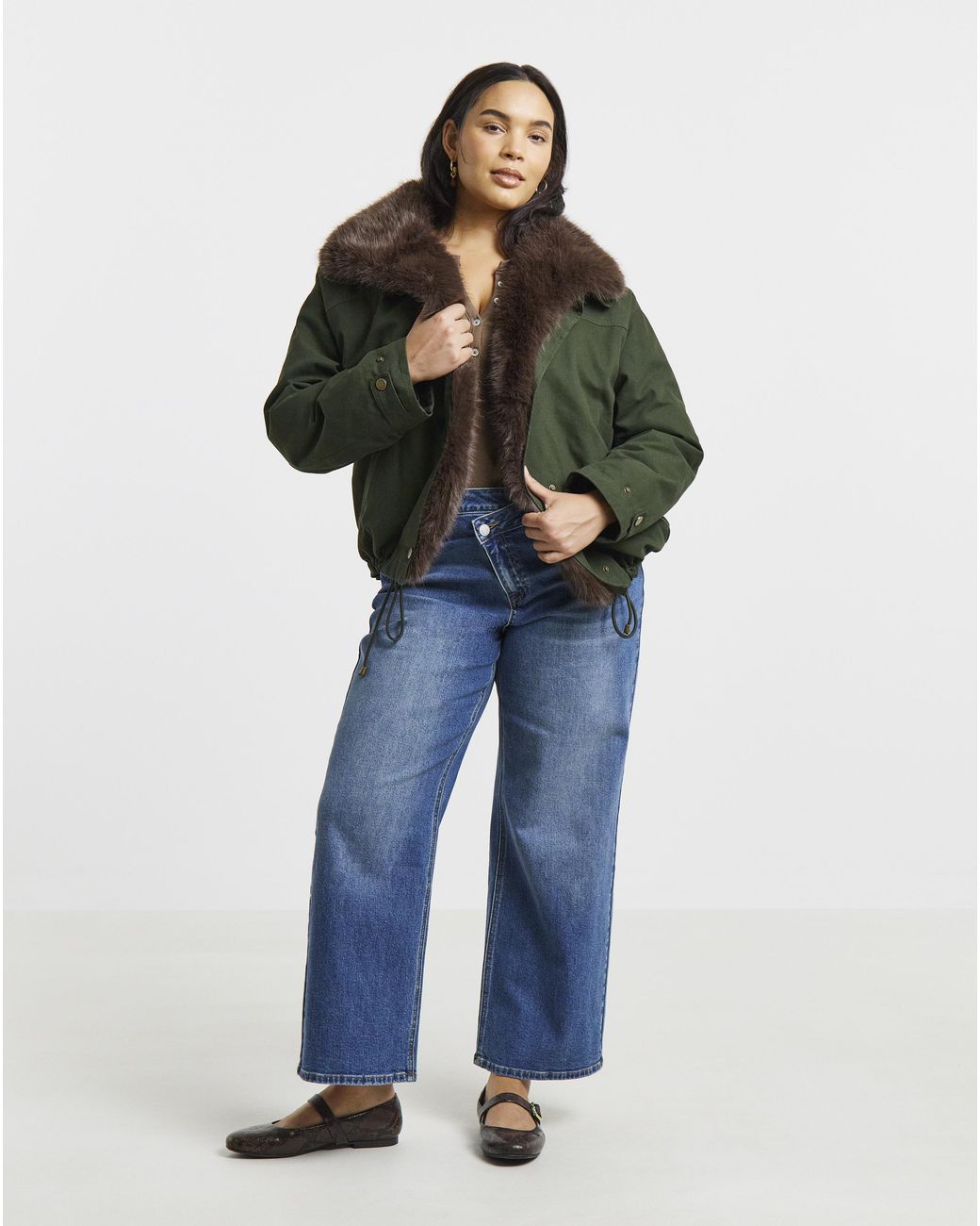 Simply Be Green Faux Fur Collar Parka Jacket
