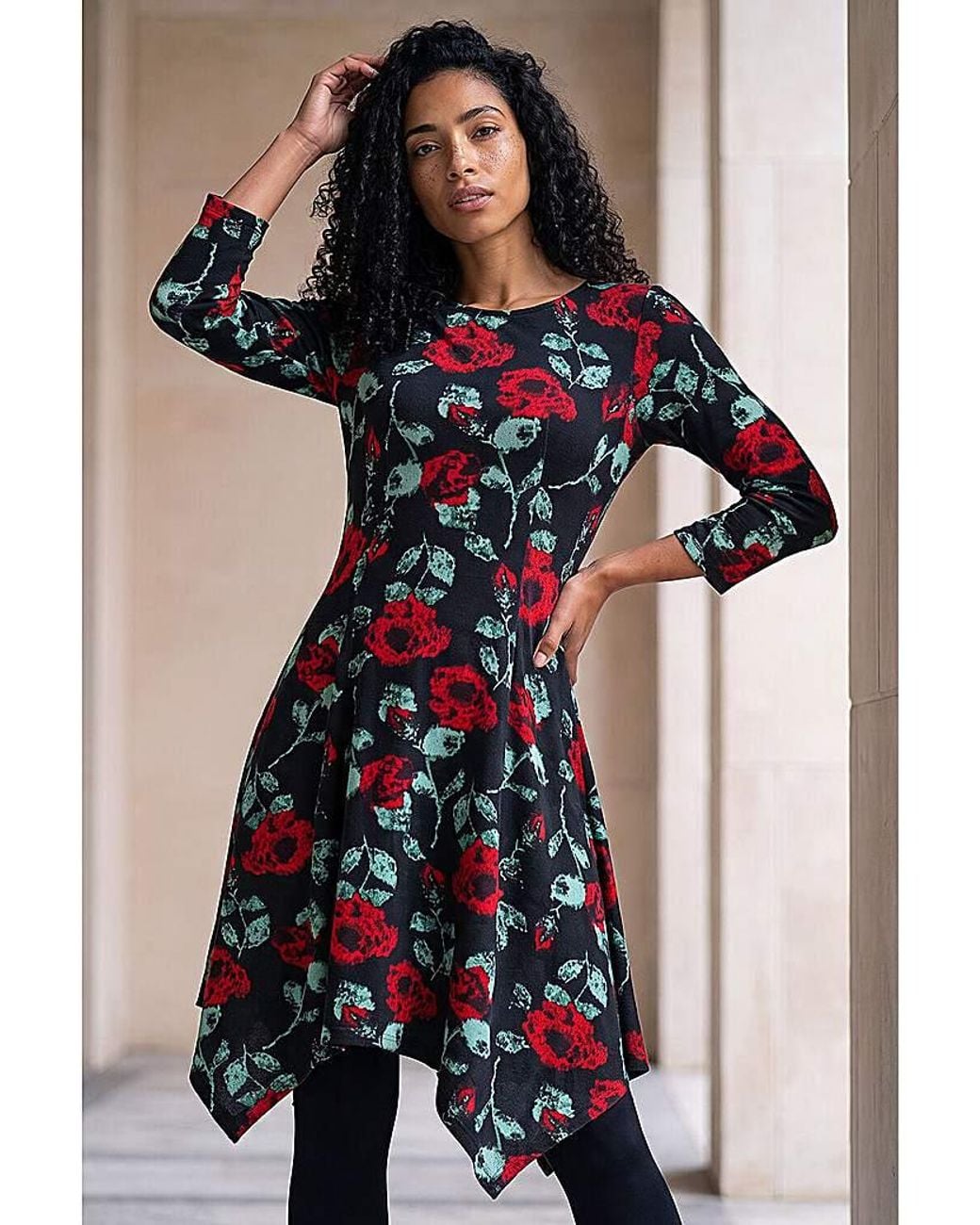 Roman Black Roman Rose Print Hanky Hem Dress