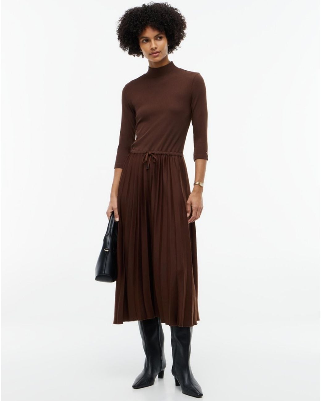 Tommy Hilfiger Brown Slim Rib Mix Midi Dress