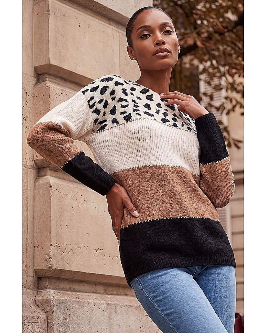 Roman Brown Roman Animal Print Colour Block Jumper