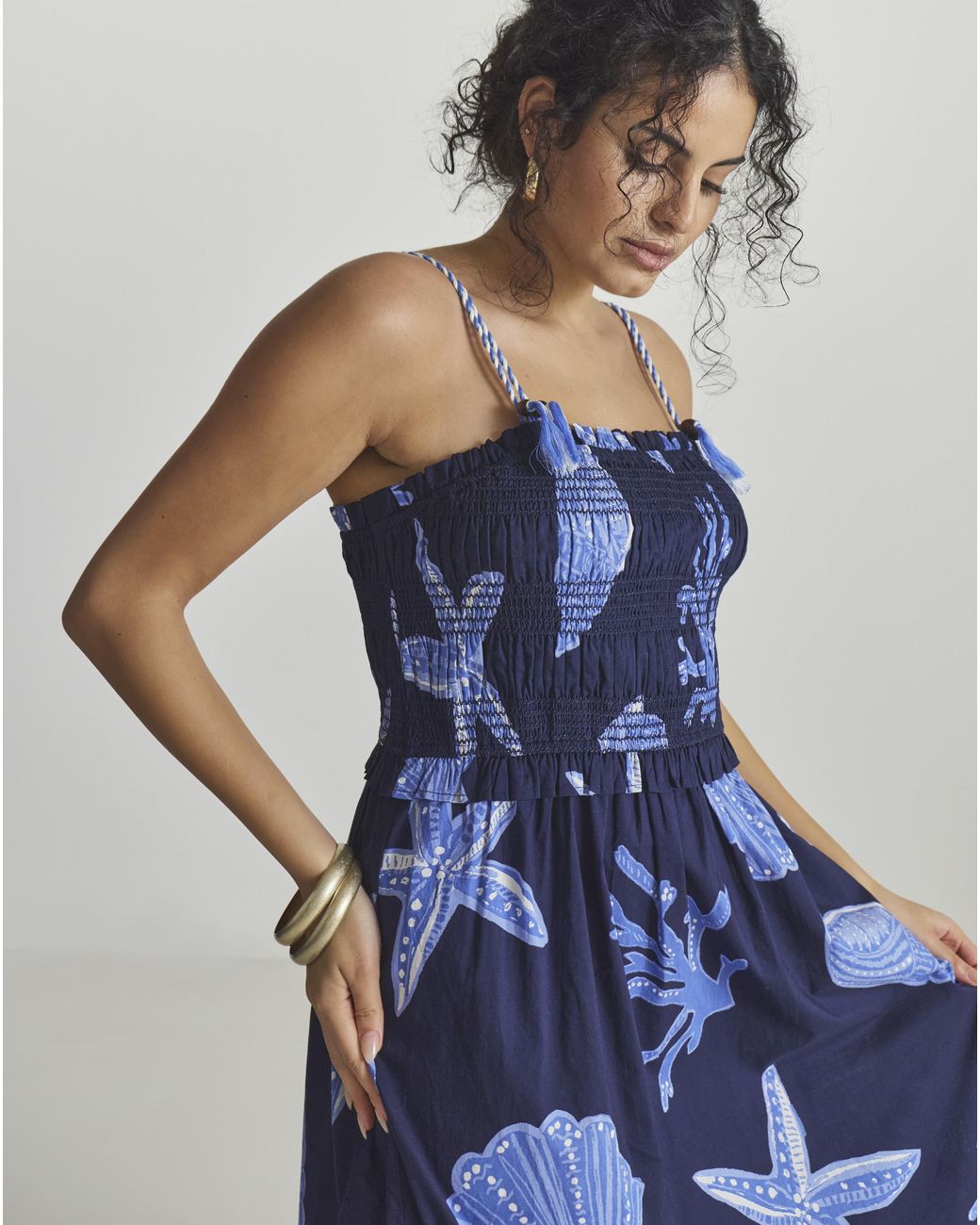 MAGISCULPT Blue Shirred Midi Beach Dress