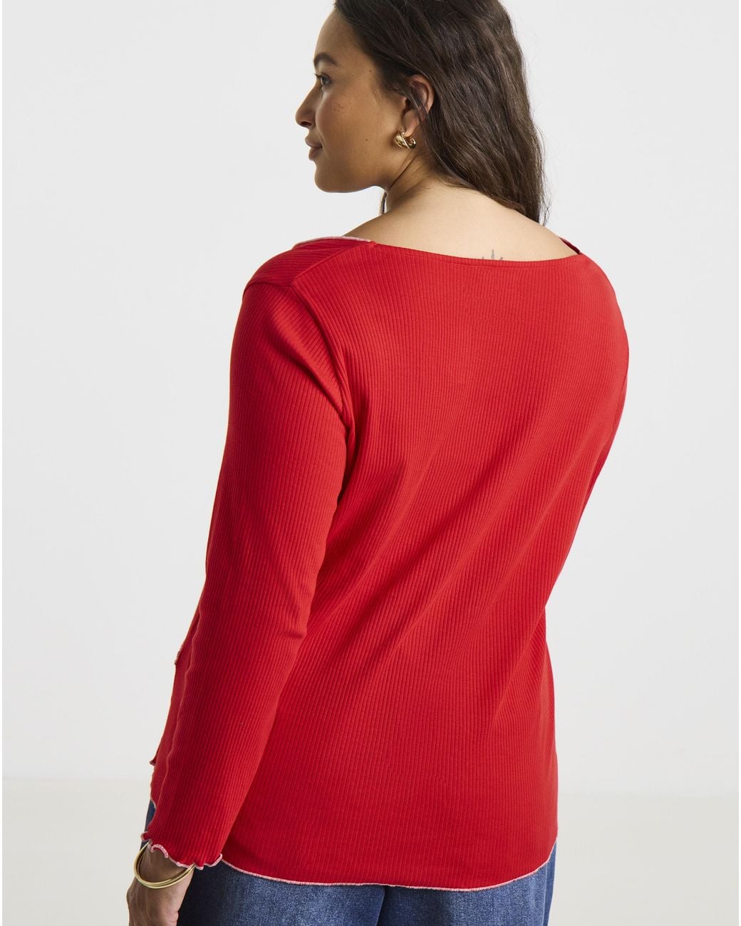 Simply Be Red Lettuce Edge Ls Top