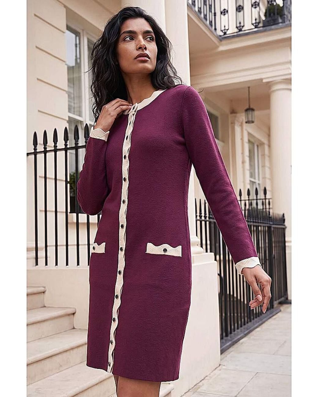 Roman Purple Roman Scalloped Button Down Knit Dress