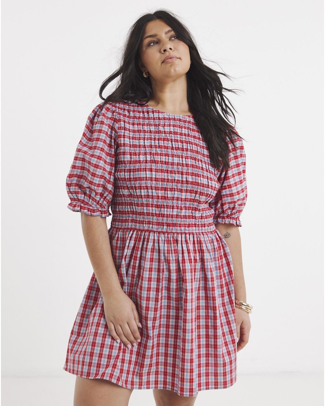 Simply Be Pink Shirred Check Smock Dress