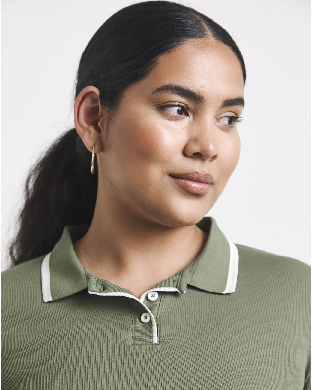 Simply Be Green Ls Rib Polo Neck With Contrast