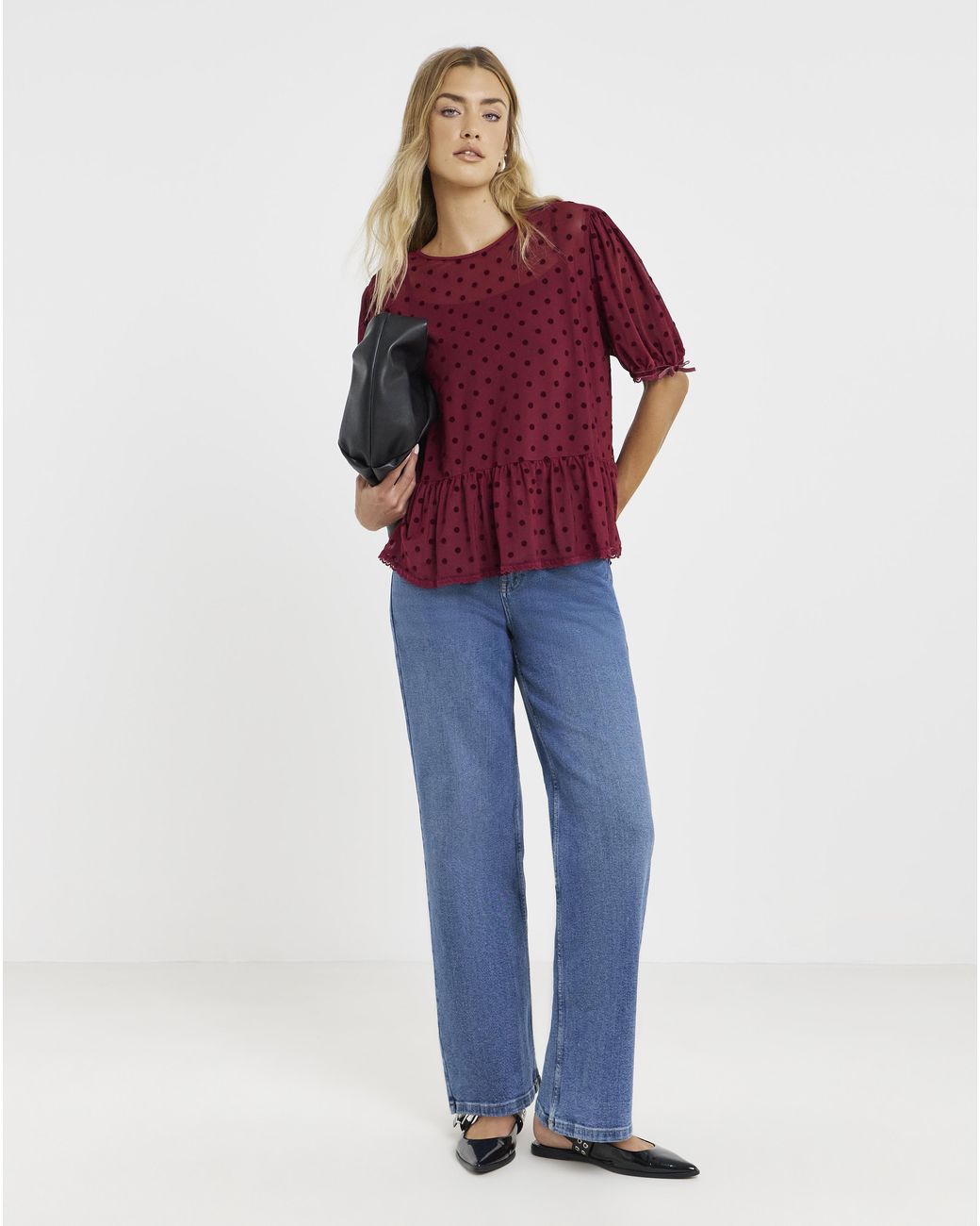 Simply Be Red Lace Mesh Puff Sleeve Top