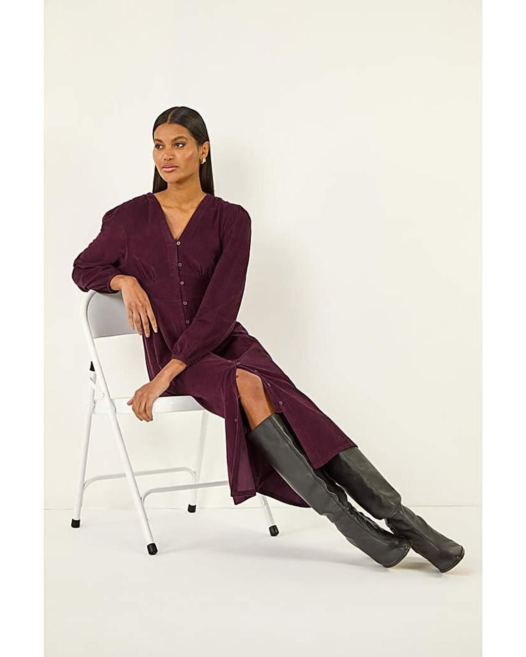 Roman White Roman Corduroy Button Down Midi Dress