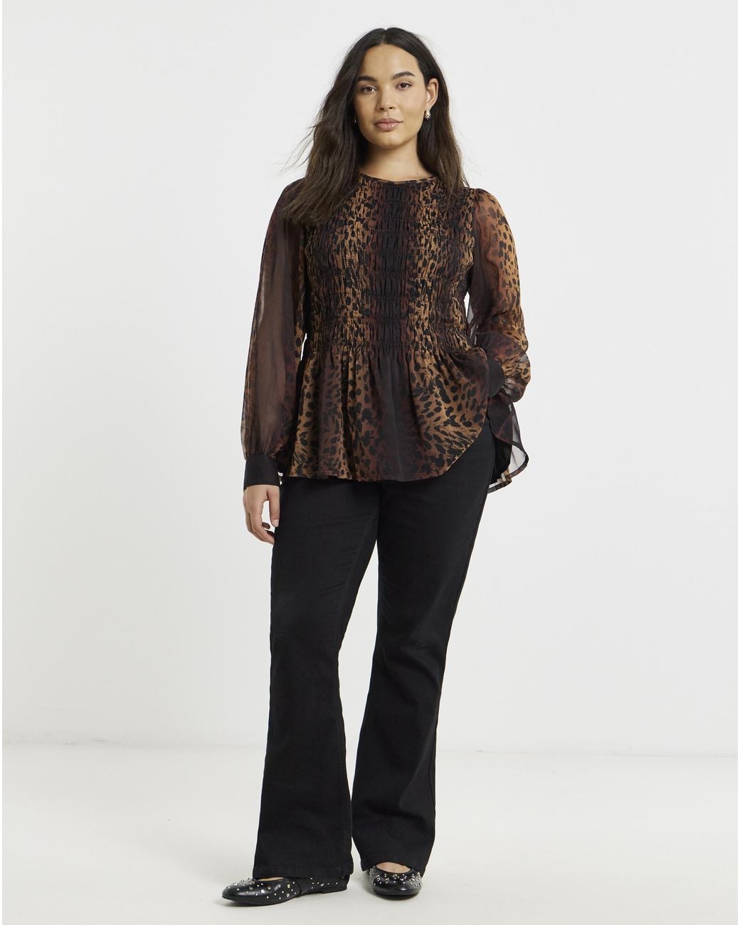 Simply Be Brown Puff Sleeve Shirred Top