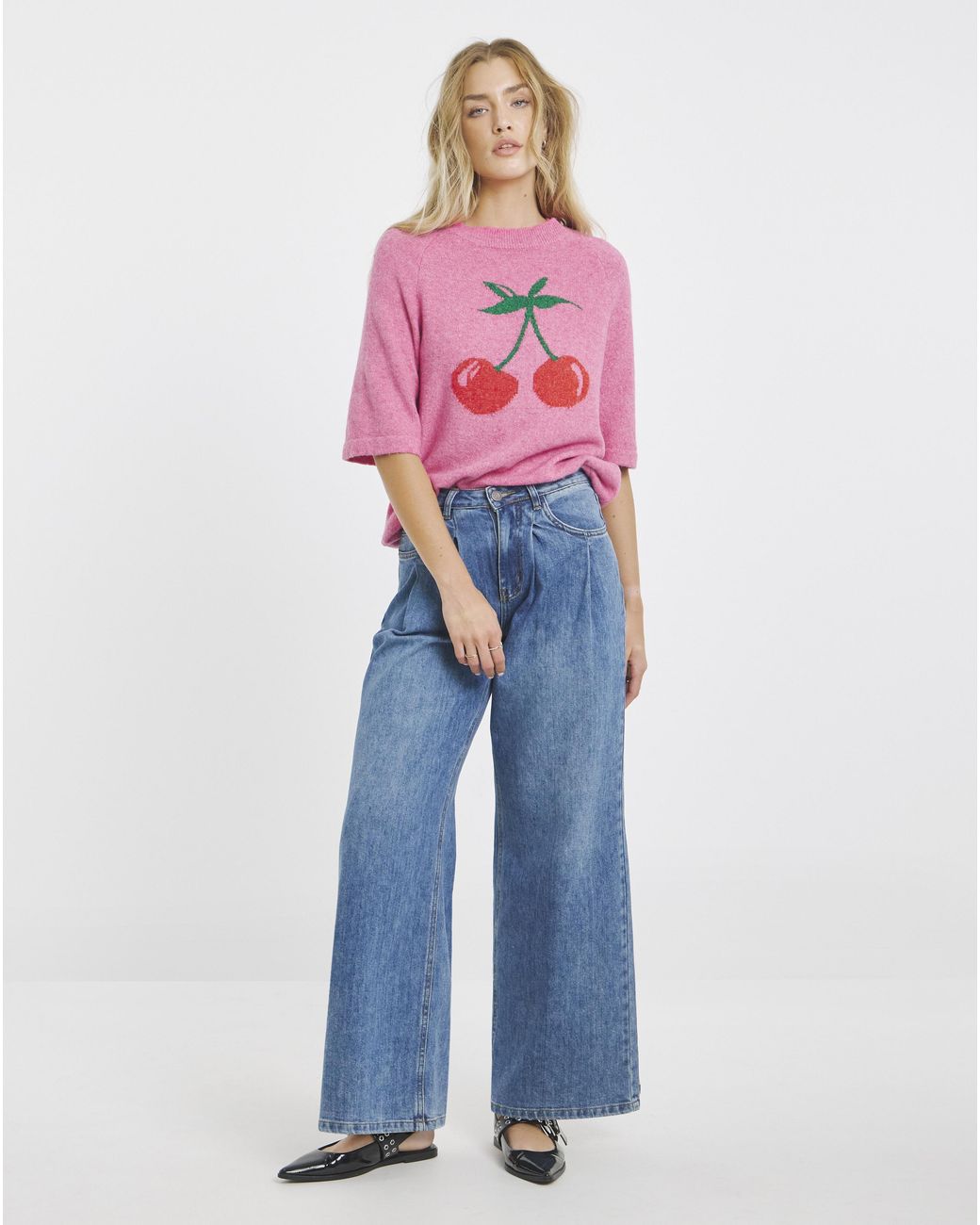 Simply Be Pink Cherry Placement Print Knitted T-Shirt