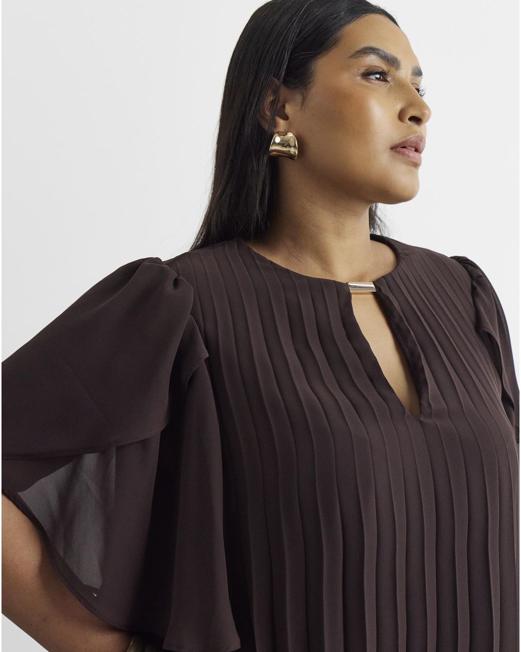 Joanna Hope Brown Pleated Keyhole Blouse