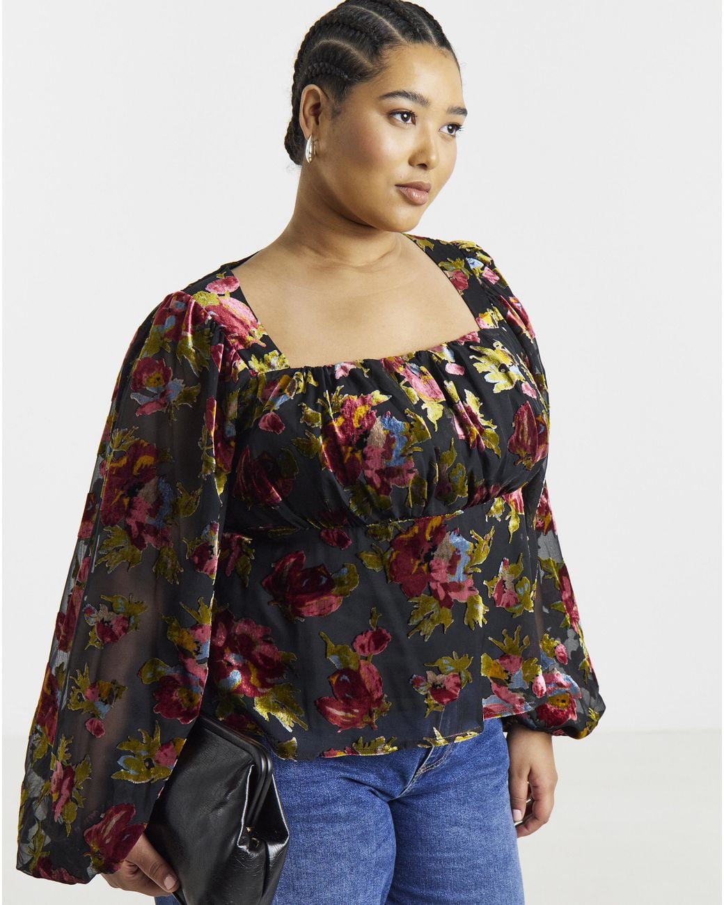 Simply Be Black Devore Blouson Sleeve Blouse