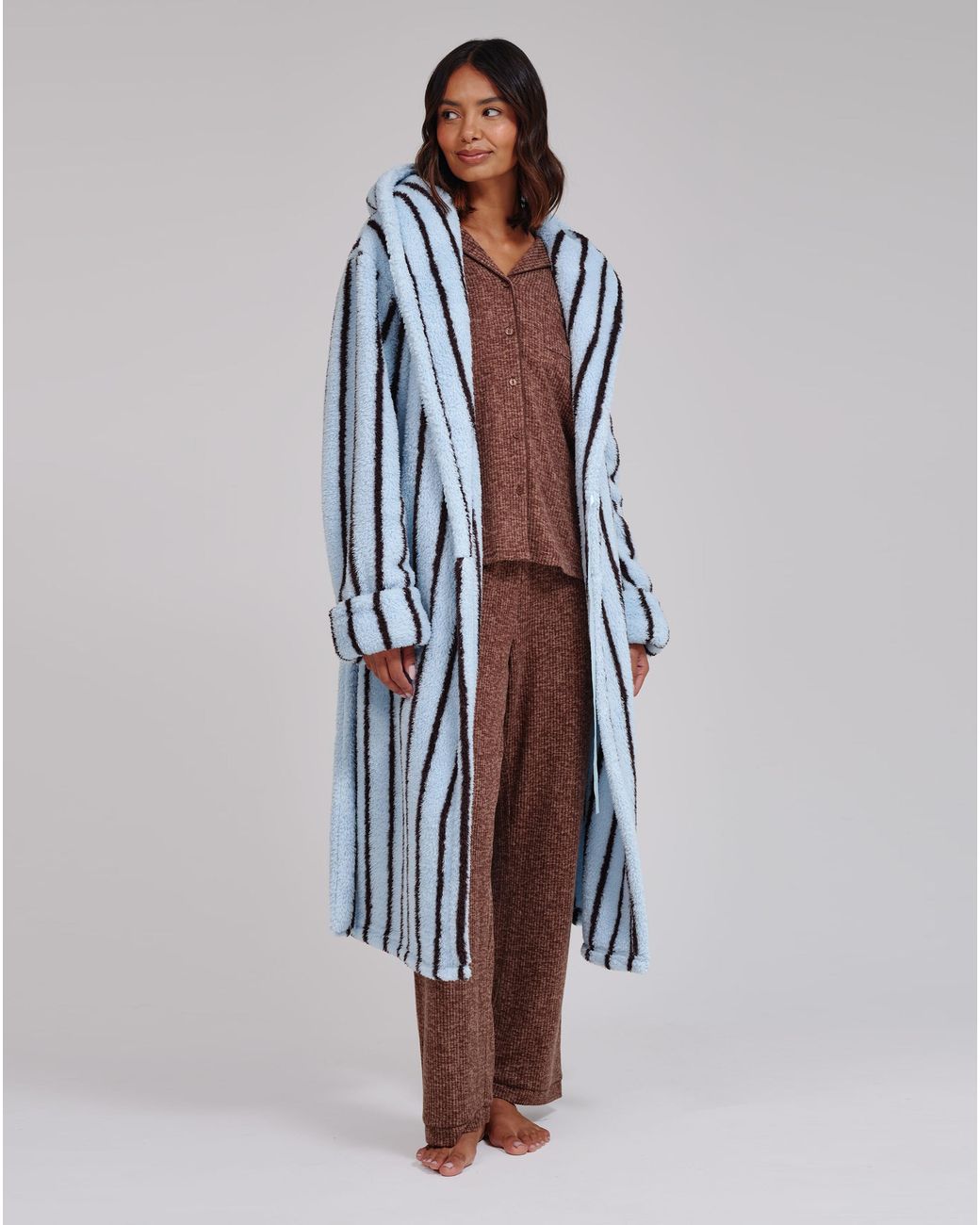 Loungeable Blue Pinstripe Midi Dressing Gown